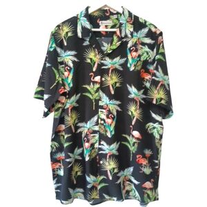 Hawaiian Vacation Black Flamingo and Palm Tree Printed Button Down Shirt